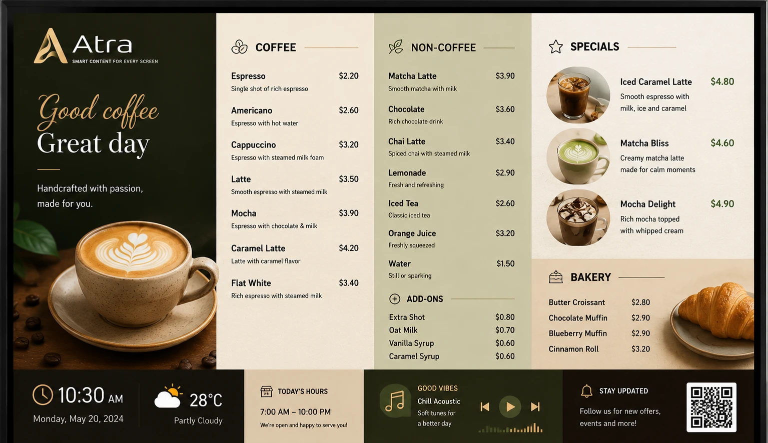 Atracast digital menu board for restaurants and cafes